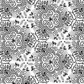 Hand-Drawn Symmetric Black-White Floral