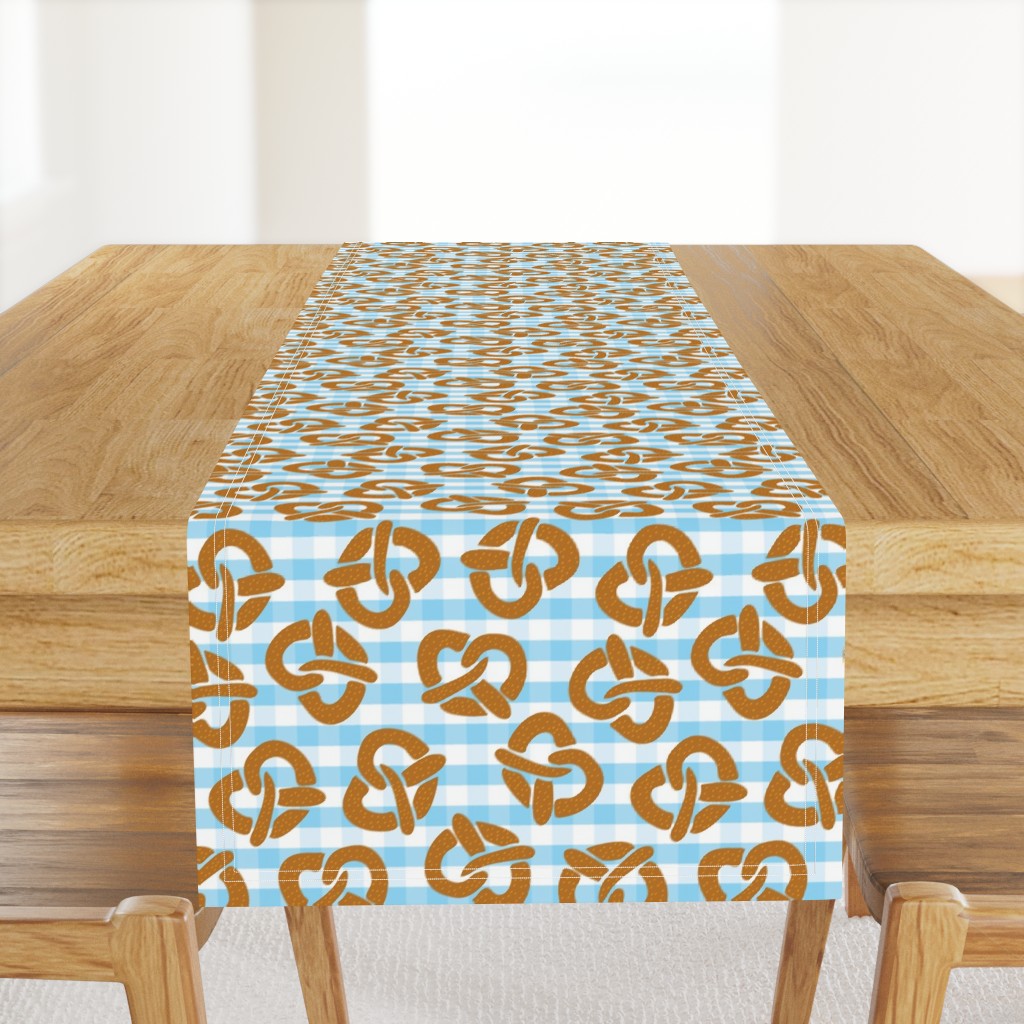 Pretzels on a blue and white checkered background