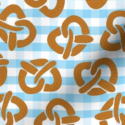 Pretzels on a blue and white checkered background