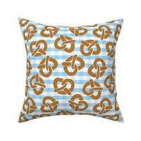 Pretzels on a blue and white checkered background