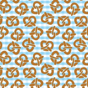 Pretzels on a blue and white checkered background