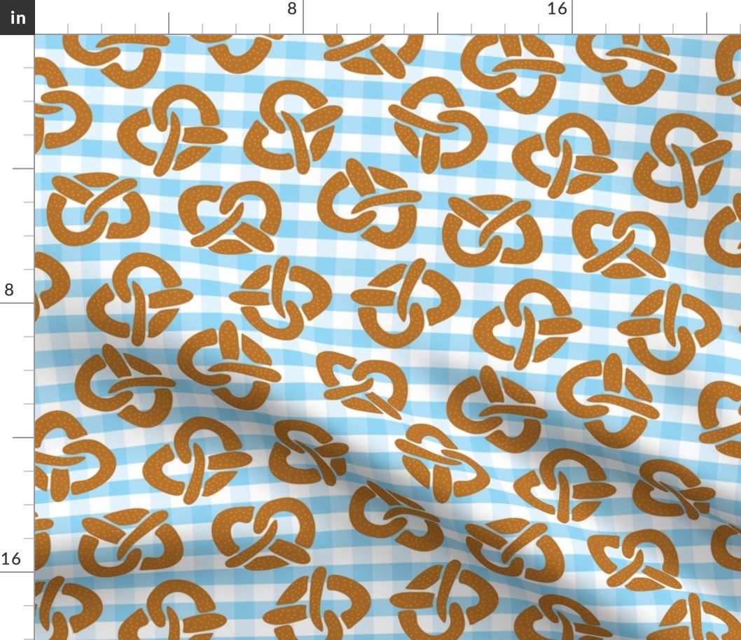 Pretzels on a blue and white checkered background