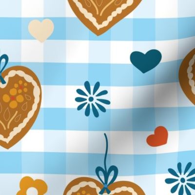 Gingerbread  heart cookies on blue and white plaids