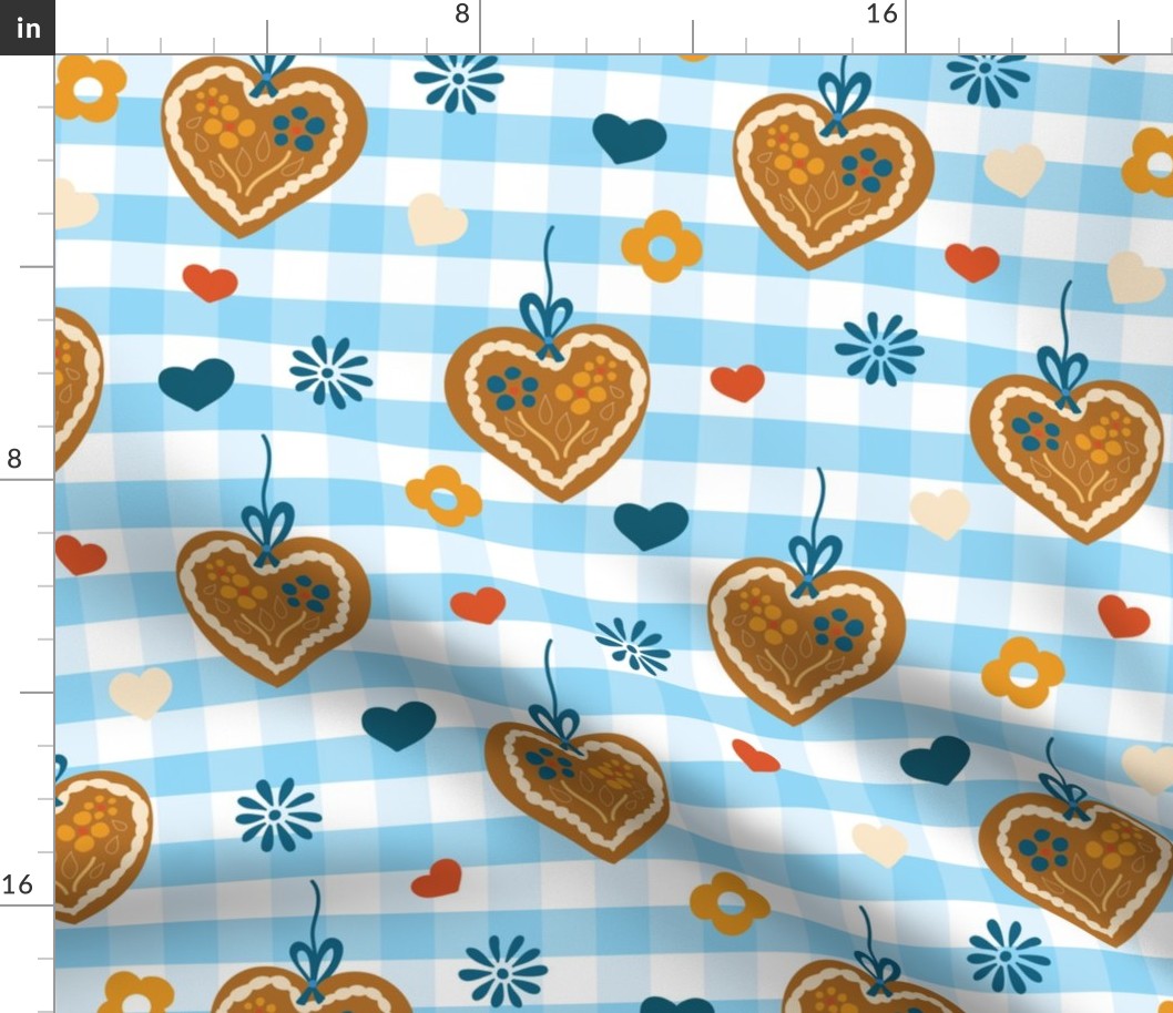 Gingerbread  heart cookies on blue and white plaids