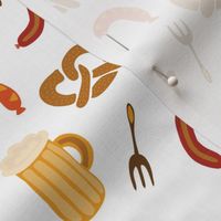 Oktoberfest print. Beer, sausages, pretzels and forks