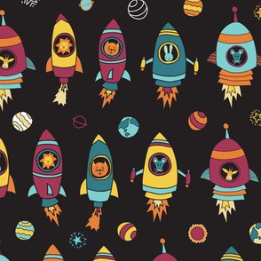 Animal astronauts in space on dark blue