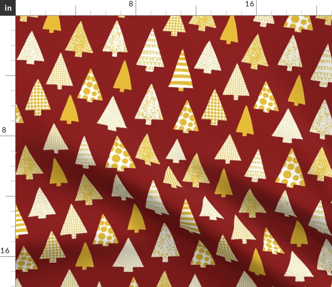 Textured Christmas trees white and gold on red
