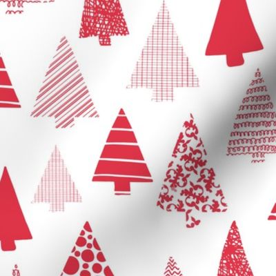 Red textured Christmas tree silhouettes on white