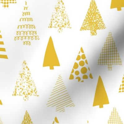 Golden textured Christmas tree silhouettes on white