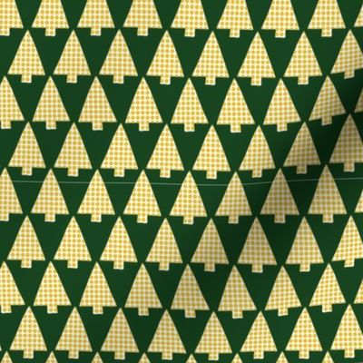 Golden and white textured Christmas tree silhouettes on dark green