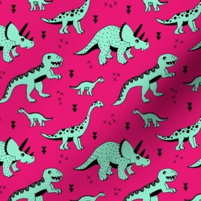 Cool Scandinavian kids dino friends dinosaur pattern girls fuchsia pink mint