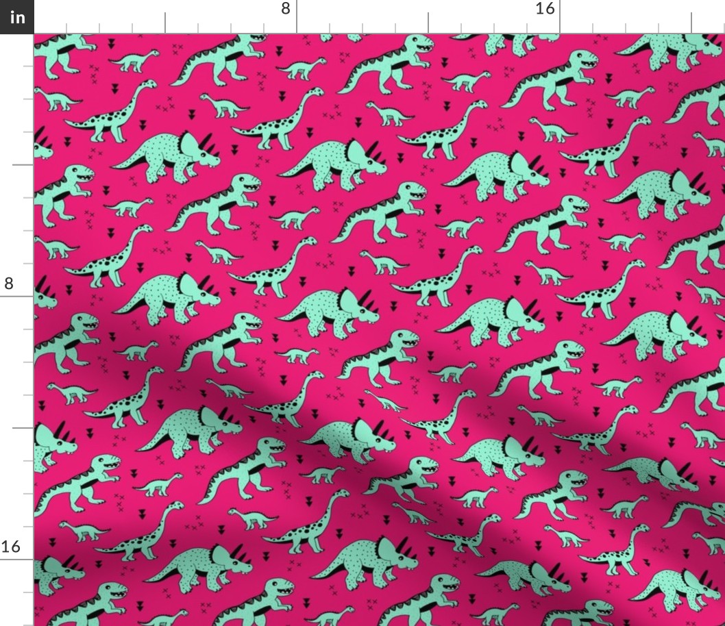 Cool Scandinavian kids dino friends dinosaur pattern girls fuchsia pink mint