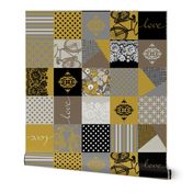 Bohemian Patch Mustard Grey Black White Brown Cheater Fake Quilt Wholecloth 