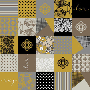 Bohemian Patch Mustard Grey Black White Brown Cheater Fake Quilt Wholecloth 