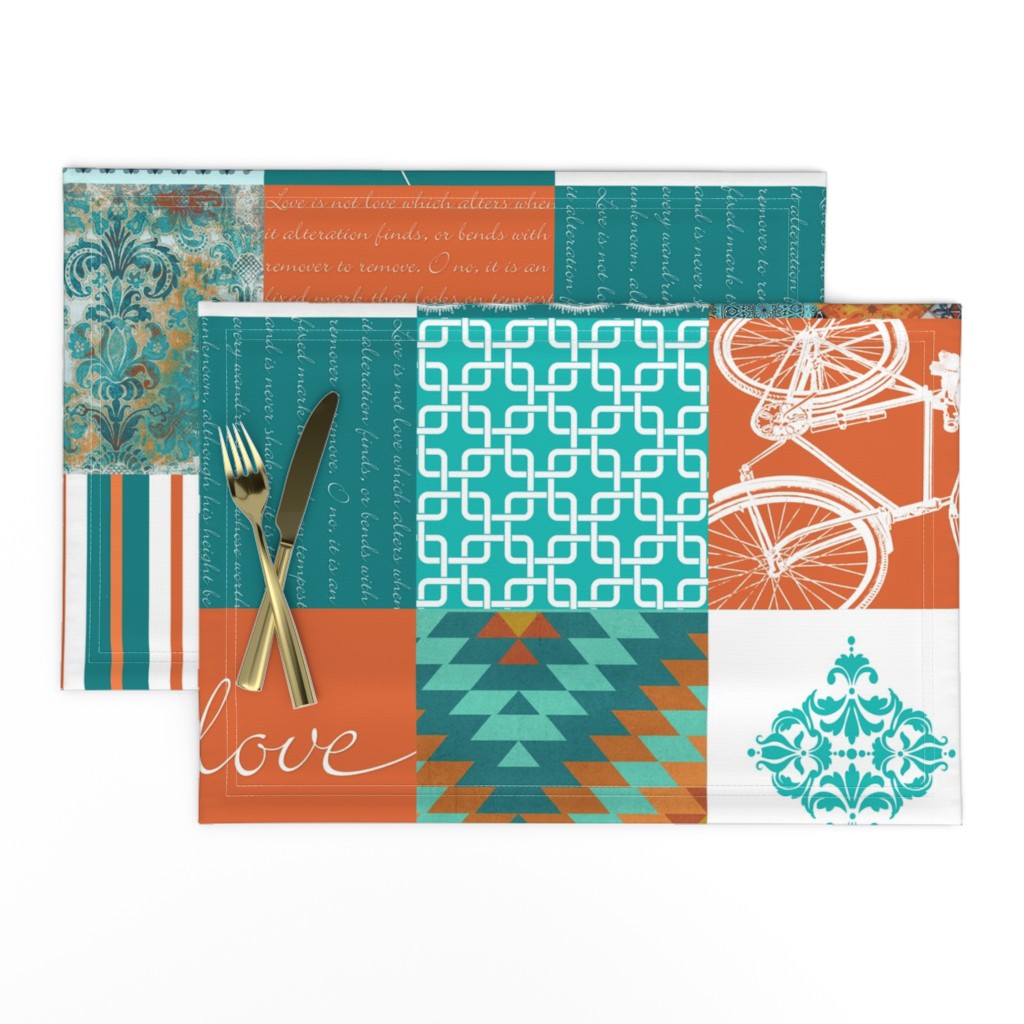 Bohemian Patch Orange Teal White Cheater Fake Quilt Wholecloth 