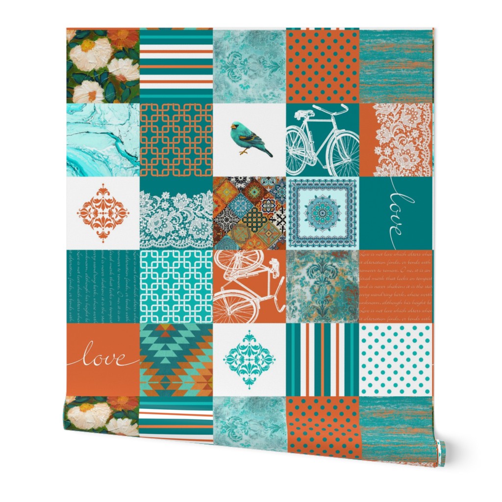 Bohemian Patch Orange Teal White Cheater Fake Quilt Wholecloth 