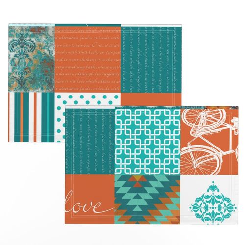 Bohemian Patch Orange Teal White Cheater Fake Quilt Wholecloth 