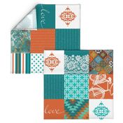 Bohemian Patch Orange Teal White Cheater Fake Quilt Wholecloth 