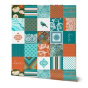 Bohemian Patch Orange Teal White Cheater Fake Quilt Wholecloth 