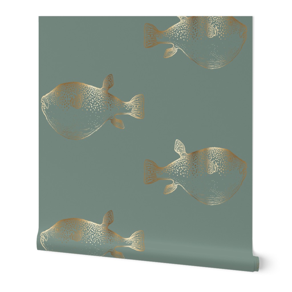 Gold puffer fish blowfish on underseas green blue