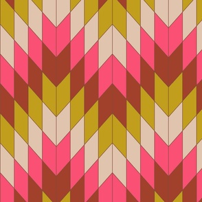 Retro chevron pattern with bold pinks, yellows, and reds.