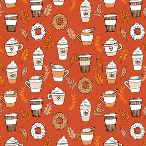 pumpkin spice latte fabric coffee and donuts fall autumn traditions rust - SMALL