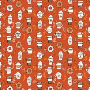 pumpkin spice latte fabric coffee and donuts fall autumn traditions rust - MINI