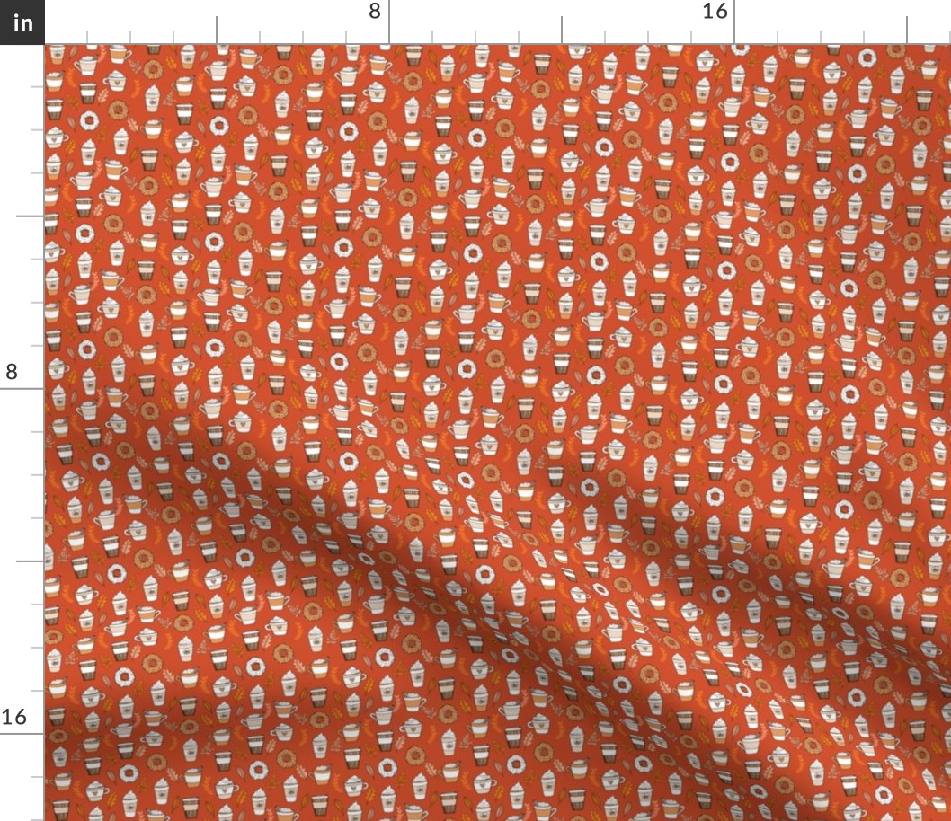 pumpkin spice latte fabric coffee and donuts fall autumn traditions rust - MINI