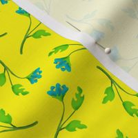 Retro Blue Flower Sprigs on Bright Yellow