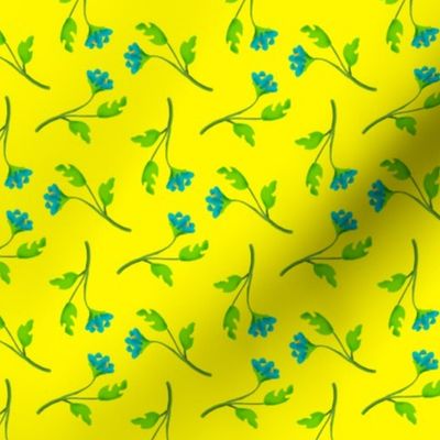 Retro Blue Flower Sprigs on Bright Yellow