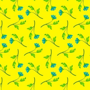 Retro Blue Flower Sprigs on Bright Yellow