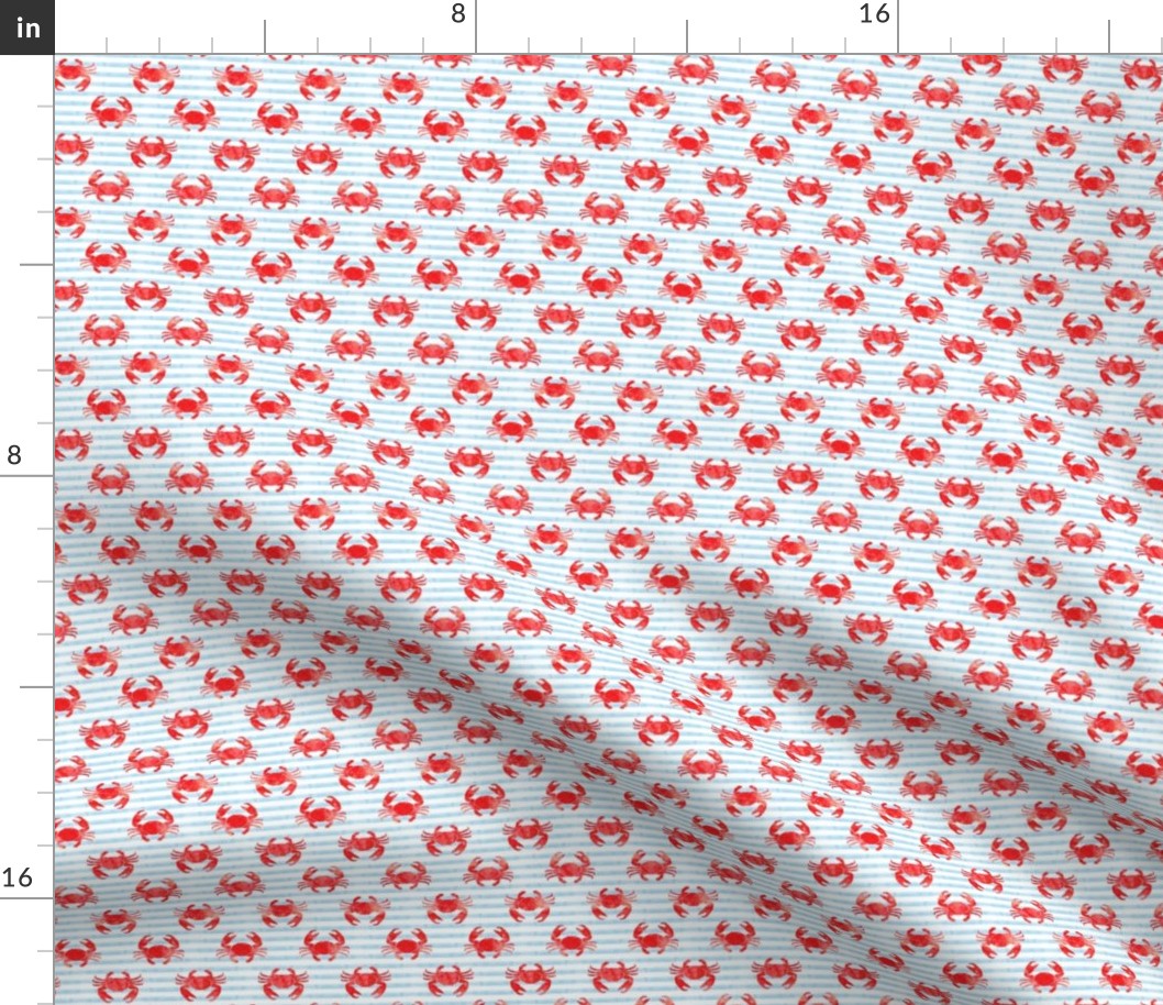 (small scale) crabs - red on blue stripes - nautical summer fabric watercolor