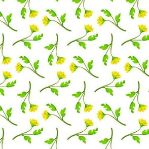 Retro Tossed Flower Sprigs Yellow on White