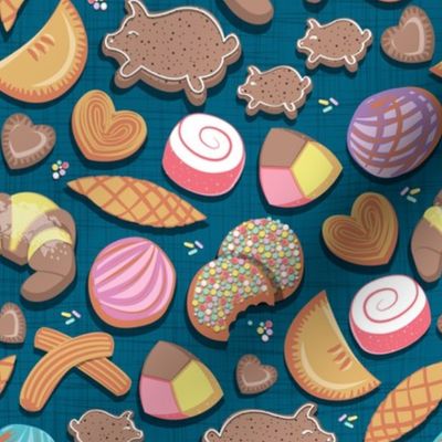 Small scale // Mexican Sweet Bakery Frenzy // turquoise background // pastel colors pan dulce