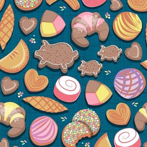 Small scale // Mexican Sweet Bakery Frenzy // turquoise background // pastel colors pan dulce