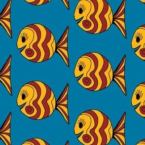 FI_7504_D “Waves and Swirl Fish” goldenrod and auburn fish on dark cornflower blue background