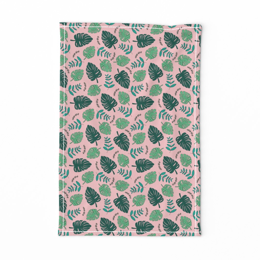 Botanical fall hawaii surf garden with monstera and palm leaves green mint pink