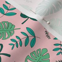 Botanical fall hawaii surf garden with monstera and palm leaves green mint pink