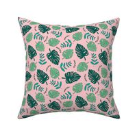 Botanical fall hawaii surf garden with monstera and palm leaves green mint pink