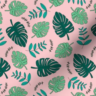 Botanical fall hawaii surf garden with monstera and palm leaves green mint pink