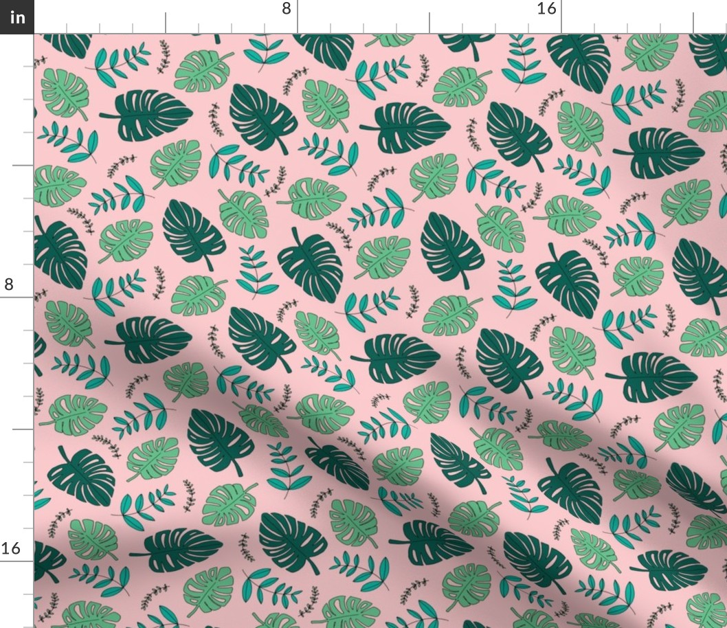 Botanical fall hawaii surf garden with monstera and palm leaves green mint pink