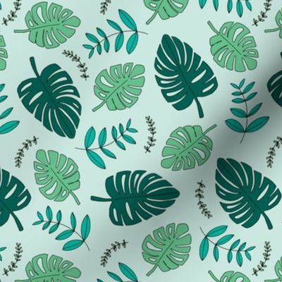 Botanical fall hawaii surf garden with monstera and palm leaves green mint