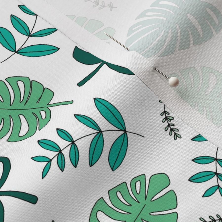 Botanical fall hawaii surf garden with monstera and palm leaves green on white