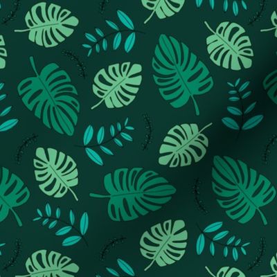 Botanical winter hawaii surf garden with monstera and palm leaves green dark winter
