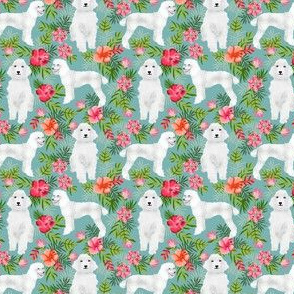 SMALL - poodle fabric white poodle design hawaiian tropical design - light blue