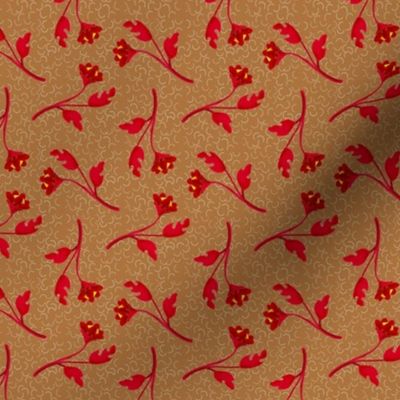 Retro Tossed Flower Sprigs Red on Brown Squiggles