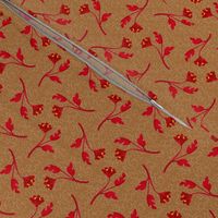 Retro Tossed Flower Sprigs Red on Brown Squiggles