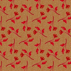 Retro Tossed Flower Sprigs Red on Brown Squiggles