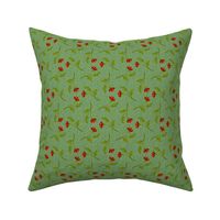 Retro Tossed Red Flower Sprigs on Green Squiggles