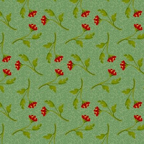 Retro Tossed Red Flower Sprigs on Green Squiggles